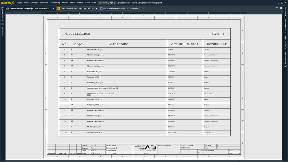 WSCAD Elektrohandwerk Materialliste